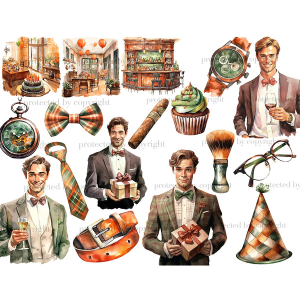 Mans Birthday White Clipart. Birthday men with different hair colors in suits with gifts, cake and champagne. Birthday gifts for father, brother, son, boyfriend