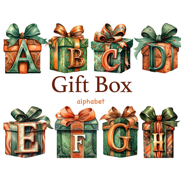 Gift Box Alphabet Clipart. Terracotta and green font for Birthday invitations letters A, B, C, D, E, F, G, H. Watercolor orange and green Happy Birthday alphabe
