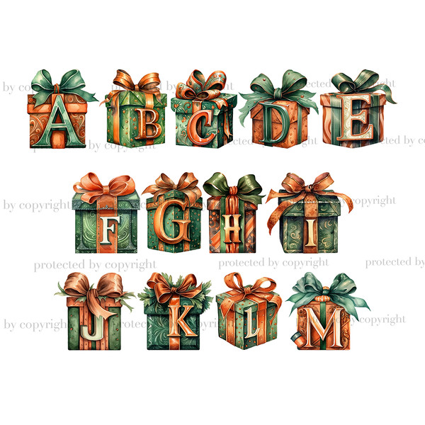 Gift Box Alphabet Clipart. Terracotta and green font for Birthday invitations letters A, B, C, D, E, F, G, H, I, J, K, L, M. Watercolor orange and green Happy B