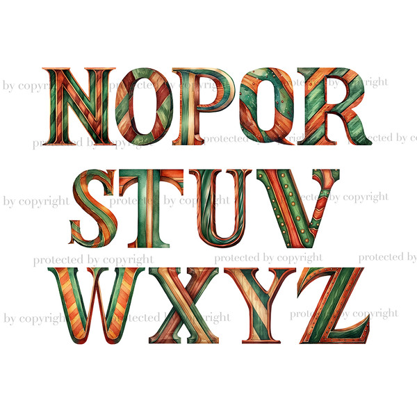 Terracotta and Green Alphabet Clipart. Orange and green font for Birthday invitations letters N, O, P, Q, R, S, T, U, V, W, X, Y, Z. Watercolor striped orange a