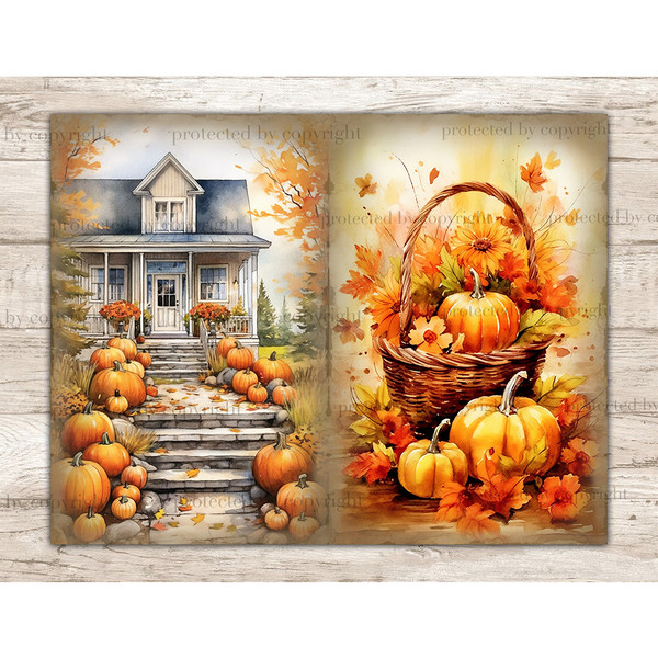 Pumpkin Junk Journal Pages. Autumn scene path to a country house lined with pumpkins along the edges of the path. Wicker basket with pumpkins, autumn foliage, o