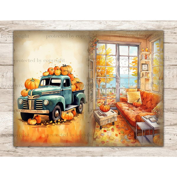 Pumpkin Junk Journal Pages. Retro pickup truck with pumpkins in the trunk. Autumn scene of cozy room with sofa, pumpkins and fall foliage.