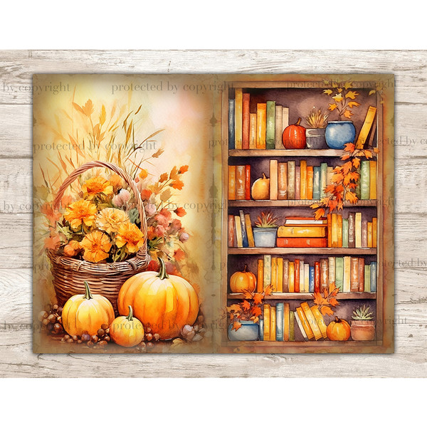Pumpkin Junk Journal Pages. Pumpkins next to a wicker basket of flowers. Bookcase with books, pumpkins and autumn leaves.