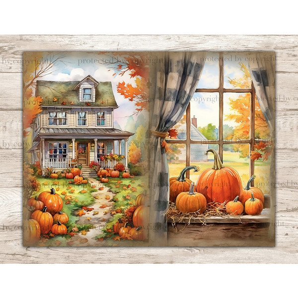 Pumpkin Junk Journal Pages. Autumn pumpkins in front of a country house. Pumpkins on the windowsill of a farmhouse