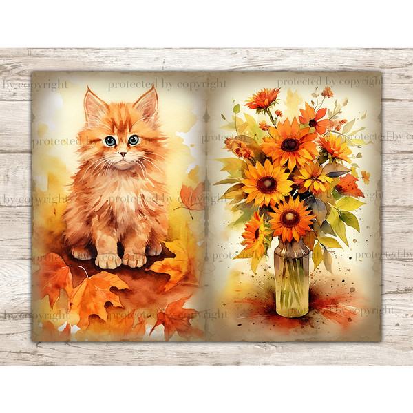 Autumn Junk Journal Paper. Cute Autumn cat in autumn foliage. Sunflowers in a vase with water.