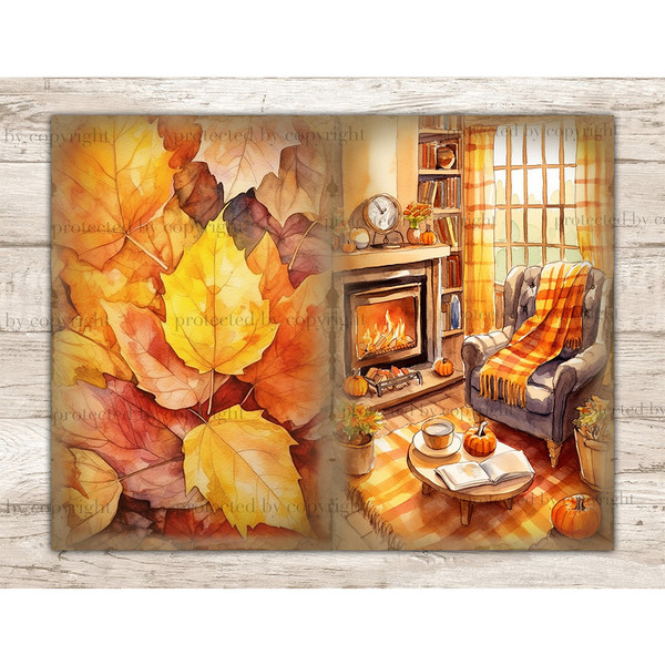 Autumn Junk Journal Paper. Autumn foliage. Cozy autumn room with an armchair, a plaid blanket, a burning fireplace with a clock on it, a table with an open book