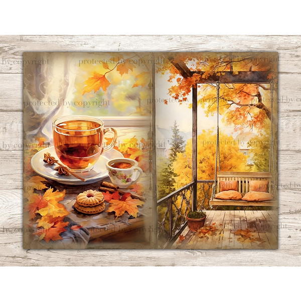 Autumn Junk Journal Paper. A cup of tea, a cup of coffee, cinnamon sticks and cookies in on a table in autumn foliage. Swing on the autumn veranda.