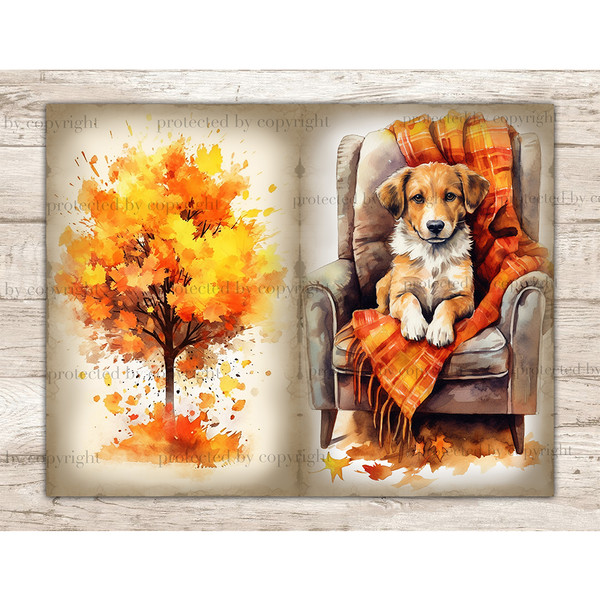 Autumn Junk Journal Paper. Autumn tree with foliage. A beautiful dog sits in a gray armchair with an orange plaid autumn plaid. Autumn leaves lie under the armc