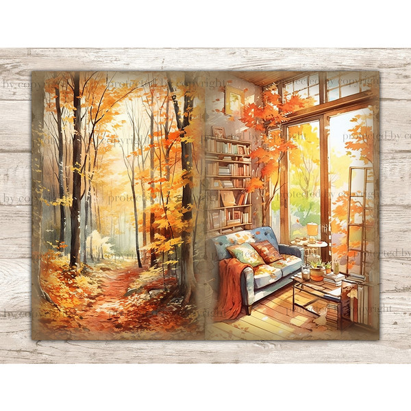 Autumn Junk Journal Paper. Path in the autumn forest. Cozy autumn room with a blue sofa, a plaid, a bookcase and a table for books. Autumn trees are visible fro
