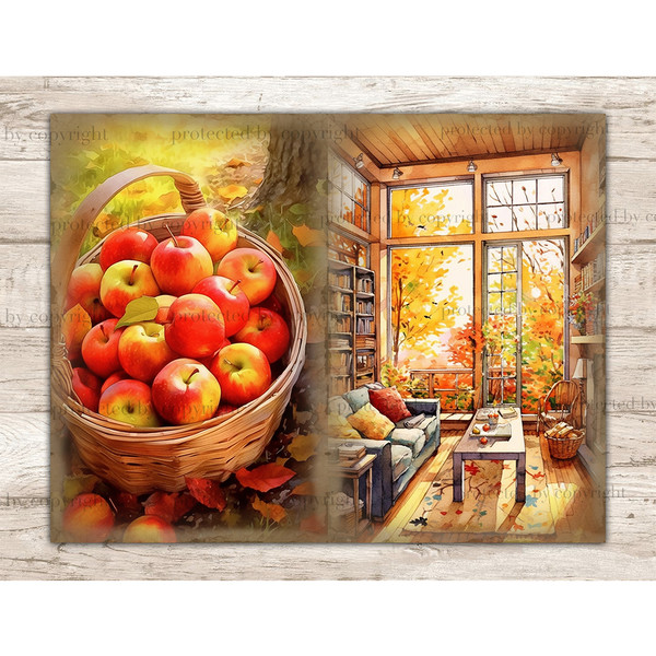 Autumn Junk Journal Paper. Wicker basket with autumn harvest apples. Autumn cozy room with a sofa and a table. Autumn trees are visible from the window of the r