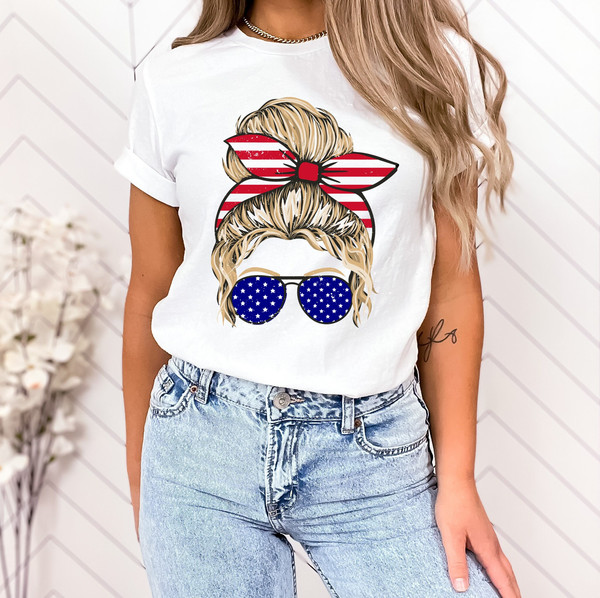All American Girl Blonde Graphic Tee 4th of July Mom Messy Bun Tshirt Independence Women's Freedom Shirt USA Flag Red White Blue Live Free - 1.jpg