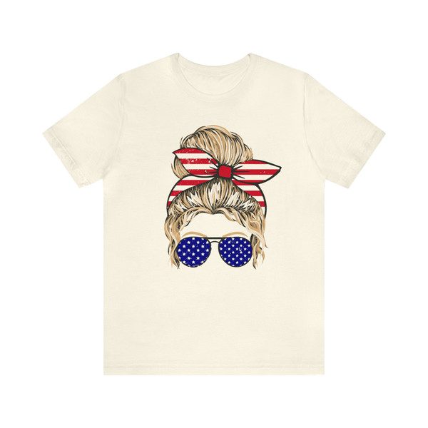 All American Girl Blonde Graphic Tee 4th of July Mom Messy Bun Tshirt Independence Women's Freedom Shirt USA Flag Red White Blue Live Free - 4.jpg