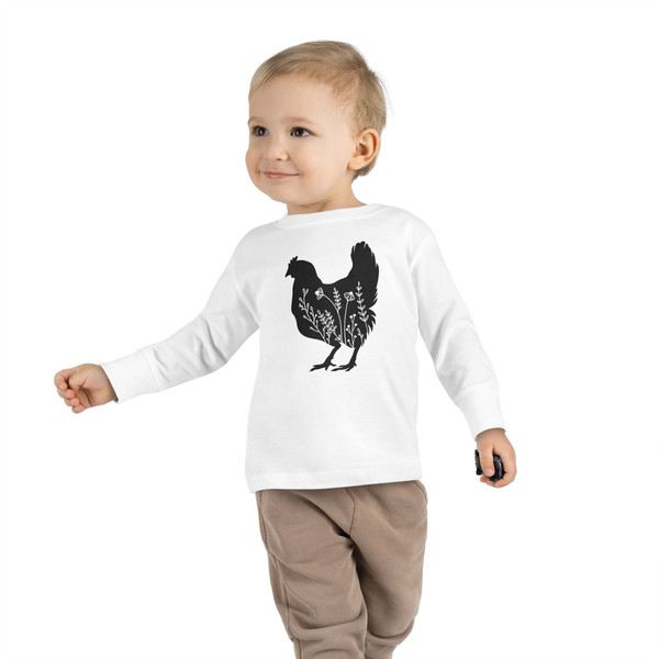 TODDLER 2T - 6T Wildflower Chickens Long Sleeves Shirt for Little Chicken Lover Baby Floral Chicken Farm Life Sleeves Toddler Big Chicken - 1.jpg
