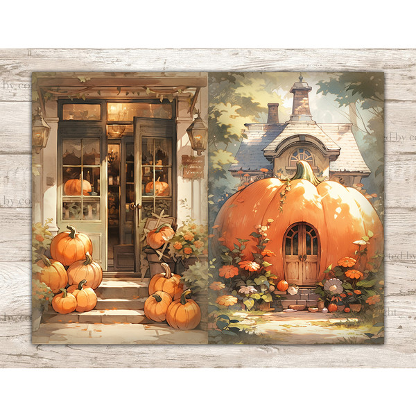 Cute Autumn Pumpkin Junk Journal. Orange pumpkins on the stairs in front of the entrance to the pumpkin shop. House in the shape of a pumpkin with vintage doors