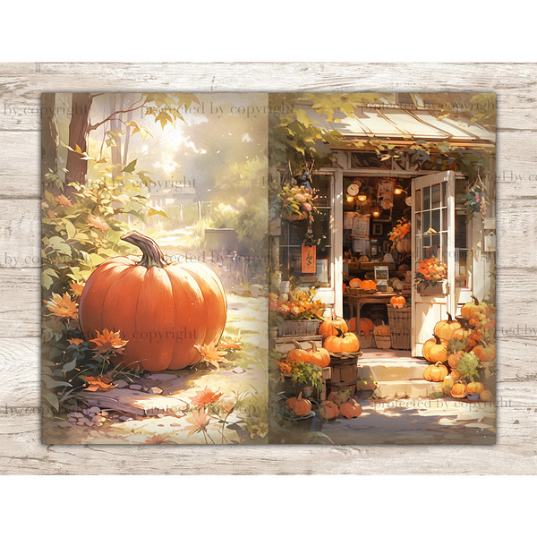 Cute Autumn Pumpkin Junk Journal. Huge pumpkin in the forest. Pumpkin shop with pumpkins in front of the entrance