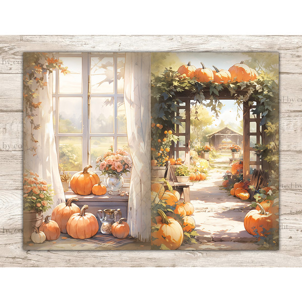 Cute Autumn Pumpkin Junk Journal. Pumpkins on the windowsill and on the floor by the window between the white curtains. Wooden arch with ivy and pumpkins on it