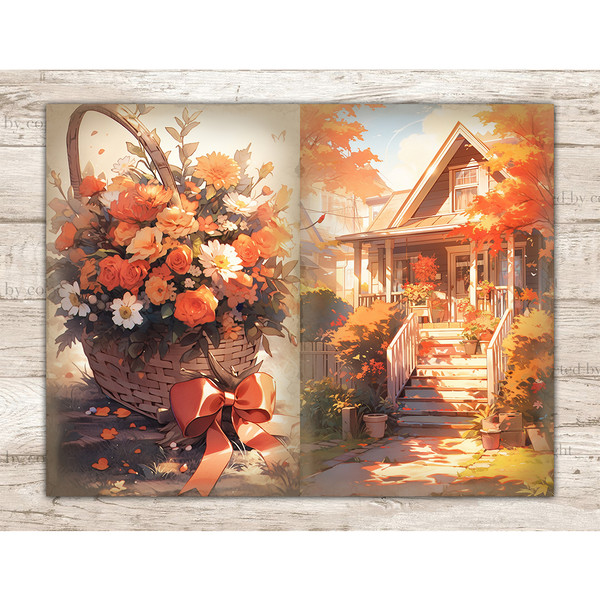 Cute Autumn Pumpkin Junk Journal. Bouquet of autumn flowers with a bow in a wicker basket. Autumn country house with a wooden staircase among trees with orange