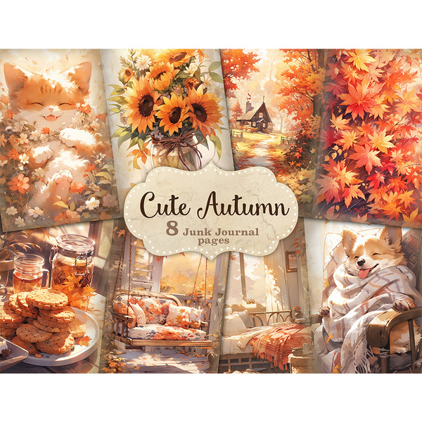 Cute Autumn Junk Journal. Cute kawaii kitten in autumn foliage. Sunflower flowers in a glass jar. Country house, autumn foliage, tea with cookies, kawaii dog in