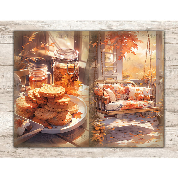 Cute Autumn Junk Journal. A stack of cookies on a plate, tea in mugs and a jar on the table. Swing with pillows on the autumn veranda
