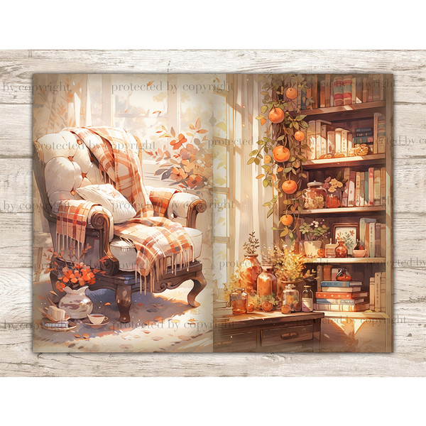 Cute Autumn Junk Journal. A cozy autumn armchair with a checkered plaid, a cup of tea and a vase of flowers on the floor. Bookcase with books, jars of flowers o