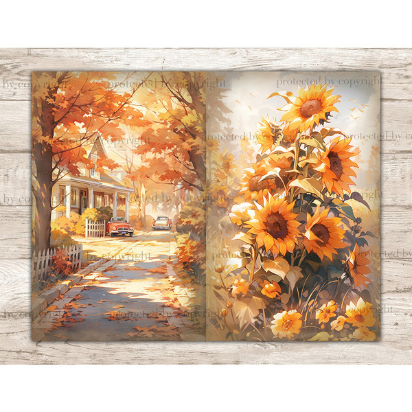 Cute Autumn Junk Journal. Autumn road among the trees leading to the house. Cars are parked at the house. Sunflowers on a bright autumn day