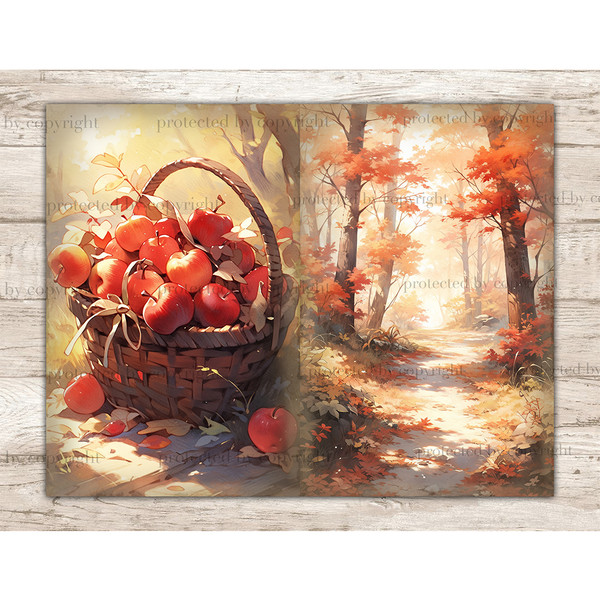 Cute Autumn Junk Journal. Basket of red autumn apples. Path in the autumn forest