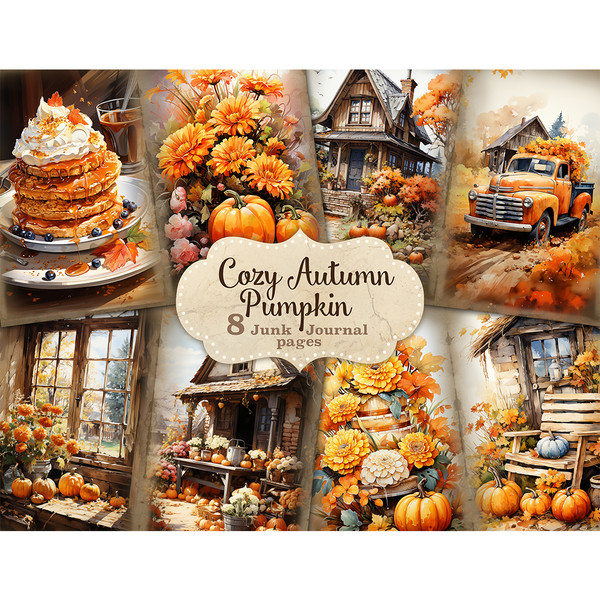 Cozy Autumn Pumpkin Junk Journal. A stack of pumpkin pies with cream on top. Autumn flowers and pumpkins. Farmhouse with pumpkins. Retro pickup truck with flowe