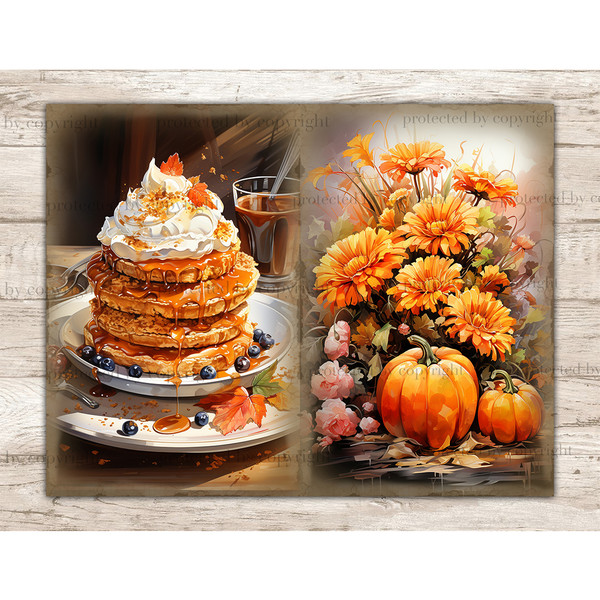 Cozy Autumn Pumpkin Junk Journal. A stack of pumpkin pies with cream on top and currant berries, a glass of cocoa. Autumn flowers and pumpkins.