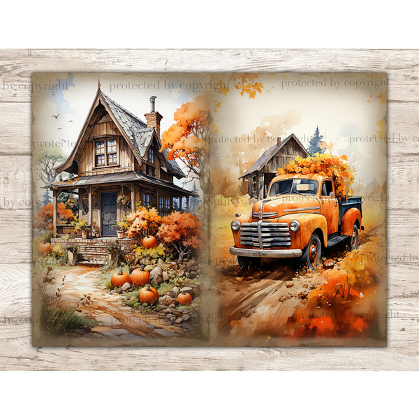 Cozy Autumn Pumpkin Junk Journal. Farmhouse with pumpkins in the front yard. Orange retro pickup truck on a country road with flowers in the trunk
