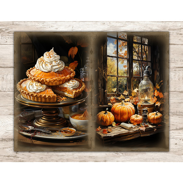 Cozy Autumn Pumpkin Junk Journal. Pumpkin pies with whipped cream on a tray with a leg. Thanksgiving pies. Pumpkins with foliage on the table near the autumn wi