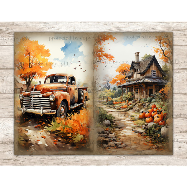 Cozy Autumn Pumpkin Junk Journal. Retro pickup truck on a village road against the background of an autumn tree and a flock of birds flying across the sky. Coun