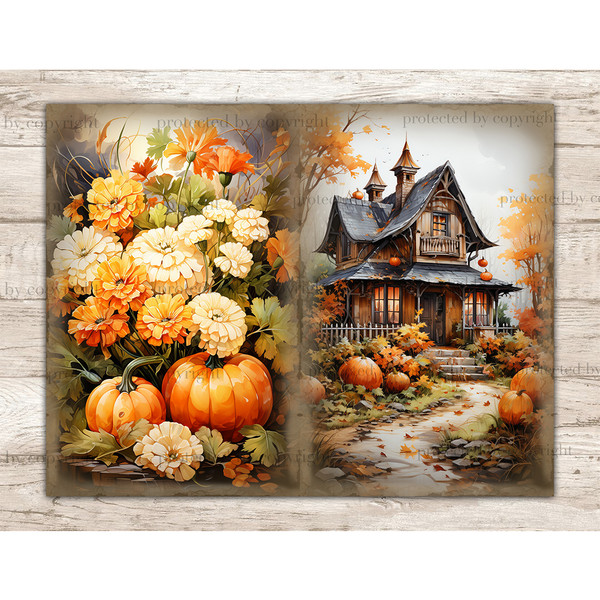Cozy Autumn Pumpkin Junk Journal. Orange autumn flowers and pumpkins. Country house with pumpkins in front of it.