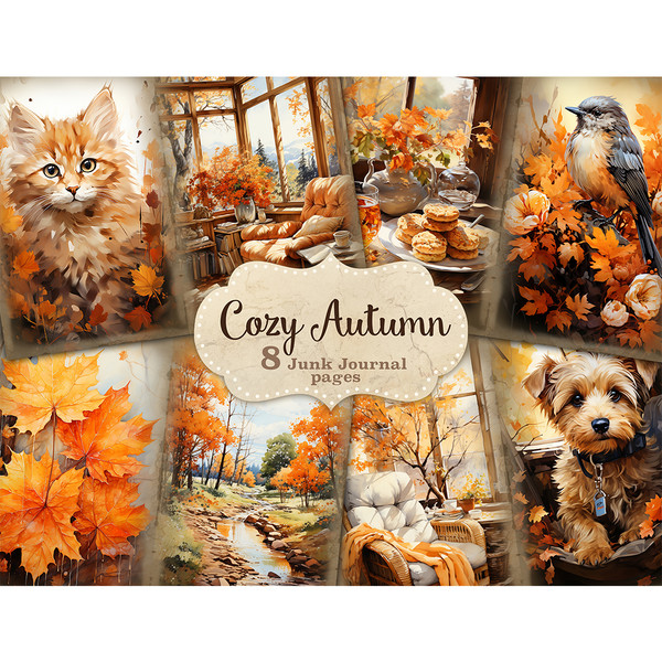 Cozy Autumn Junk Journal. Red cat in autumn foliage. Cozy autumn room with a sofa. Tea with cookies and flowers in a vase. Bird in autumn colors. Autumn maple l