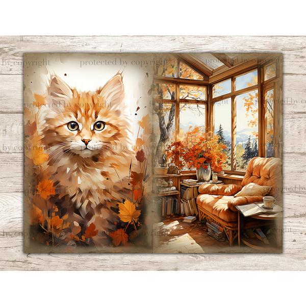Cozy Autumn Junk Journal. Red cat in autumn foliage. Cozy autumn room with orange armchair. Next to the chair on the table is a vase of orange flowers. Stacks o