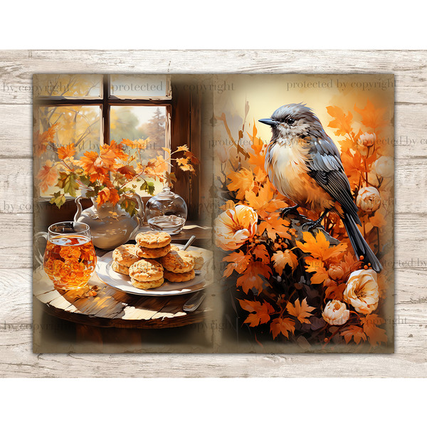 Cozy Autumn Junk Journal. A transparent glass with iced tea, cookies on a plate, autumn orange branches with leaves in a vase. Bird in autumn colors and leaves