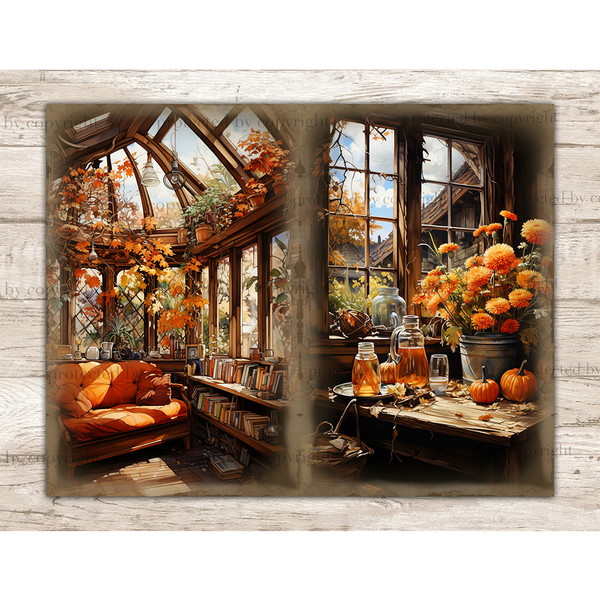 Cozy Autumn Junk Journal. Cozy autumn room with flowers, orange sofa, bookshelves and panoramic glass roof. Autumn flowers in a bucket, pumpkins on the table ag