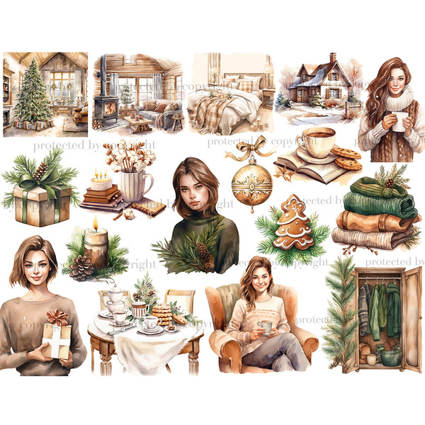 Cozy Winter White Clipart. Winter Christmas scene cozy room with stove, Christmas tree. Girls with cozy winter clothes with a gift, coffee and fir branch. Chris