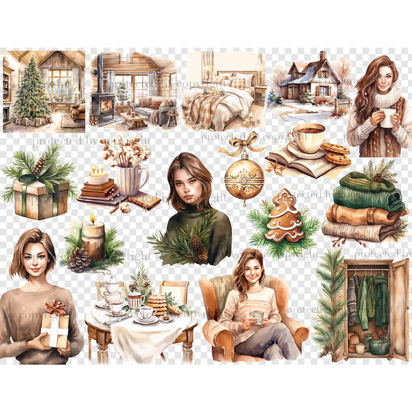 Cozy Winter White Clipart. Winter Christmas scene cozy room with stove, Christmas tree. Girls with cozy winter clothes with a gift, coffee and fir branch. Chris