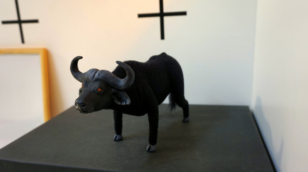 Realistic African buffalo. Big Buffalo toy. Sculpture black buffalo. Bull handmade toy.