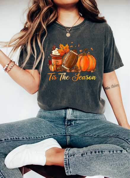Tis The Season Pumpkin Spice Coffee Latte Happy Halloween Sweatshirt, Spooky Season Vibes Pumpkin Football Game Day Coffee Lover T-Shirt - 1.jpg