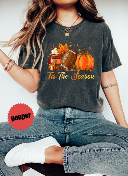 Tis The Season Pumpkin Spice Coffee Latte Happy Halloween Sweatshirt, Spooky Season Vibes Pumpkin Football Game Day Coffee Lover T-Shirt - 4.jpg