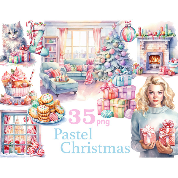 Pastel Christmas PNG, Xmas Clipart Bundle, GlamArtZhanna, Pink Xmas PNG, Girly Christmas Bundle, Winter Invitation Clipart Bundle, Holiday Clipart Collection, P