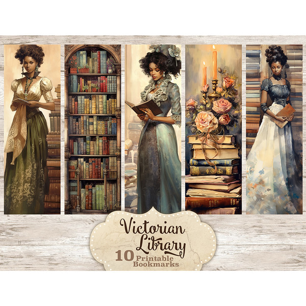Victorian Library Bookmarks Bundle, Printable Bookmarks Set, GlamArtZhanna, Black Women Bookmarks, Printable Bookmarks, Library Printable, Booklover Bookmarks,