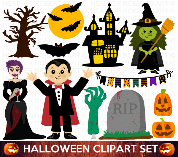 Halloween Clipart Set, Halloween PNG, Cute Halloween Clipart Set, Witch PNG, Vampire PNG, Halloween Decorations, Stickers, Sublimation Files - 1.jpg