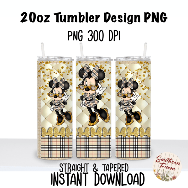 Minnie Mouse Burberry Fashion 20oz Skinny Tumbler Sublimation Wrap PNG, Waterslide, UV DTF,  Digital Instant Download