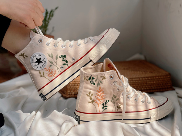 Embroidered Converse Chuck Taylors 1970sCustom Converse High TopsCustom Converse Green Tree LeavesCustom Logo LeavesGift For Her - 3.jpg