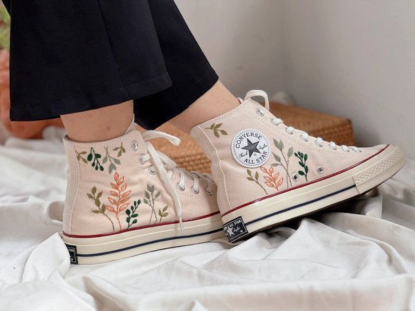 Embroidered Converse Chuck Taylors 1970sCustom Converse High TopsCustom Converse Green Tree LeavesCustom Logo LeavesGift For Her - 4.jpg