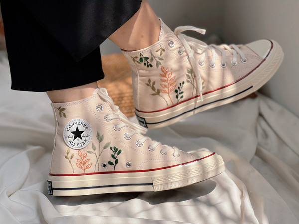 Embroidered Converse Chuck Taylors 1970sCustom Converse High TopsCustom Converse Green Tree LeavesCustom Logo LeavesGift For Her - 5.jpg