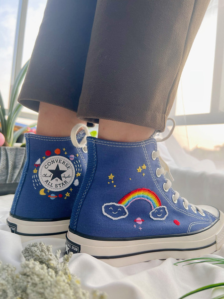 Embroidered Converse Custom Converse BlueConverse High Tops Chuck Taylor 1970sCustom Logo RocketEmbroidered With Rainbows And Universe - 3.jpg