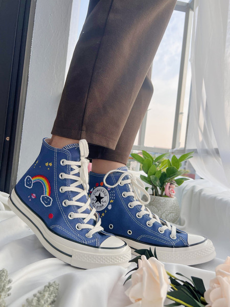 Embroidered Converse Custom Converse BlueConverse High Tops Chuck Taylor 1970sCustom Logo RocketEmbroidered With Rainbows And Universe - 4.jpg